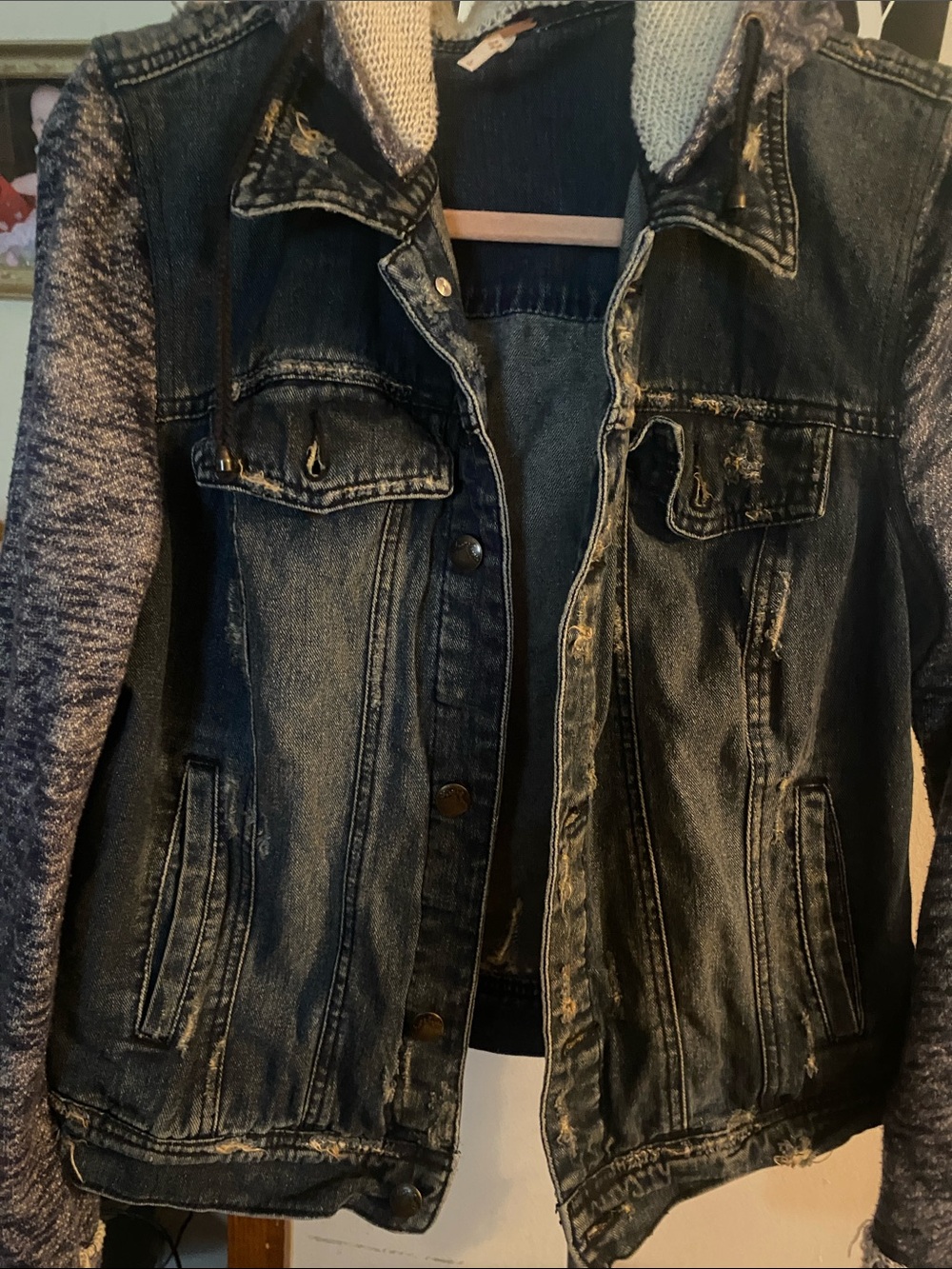 Free People Distressed Denim Jacket with Knit Hood & Sleeves - Blue